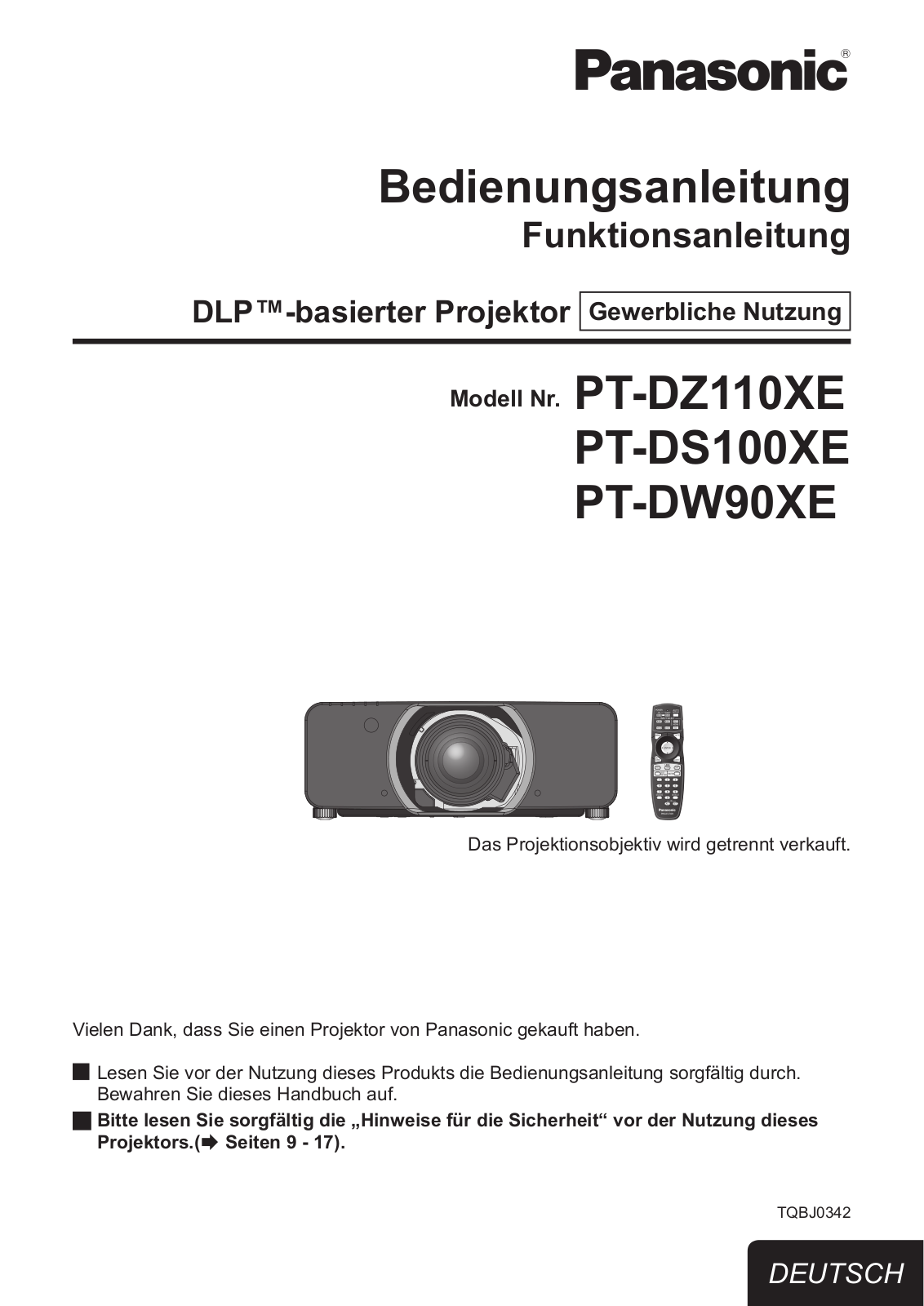 Panasonic PT-DZ110XE, PT-DS100XE, PT-DW90XE User Manual