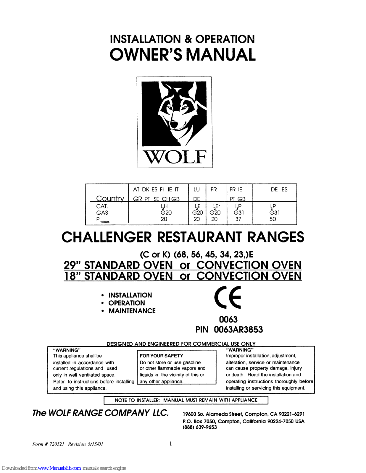 Wolf C68E, C56E, C45E, C23E, K68E Owner's Manual