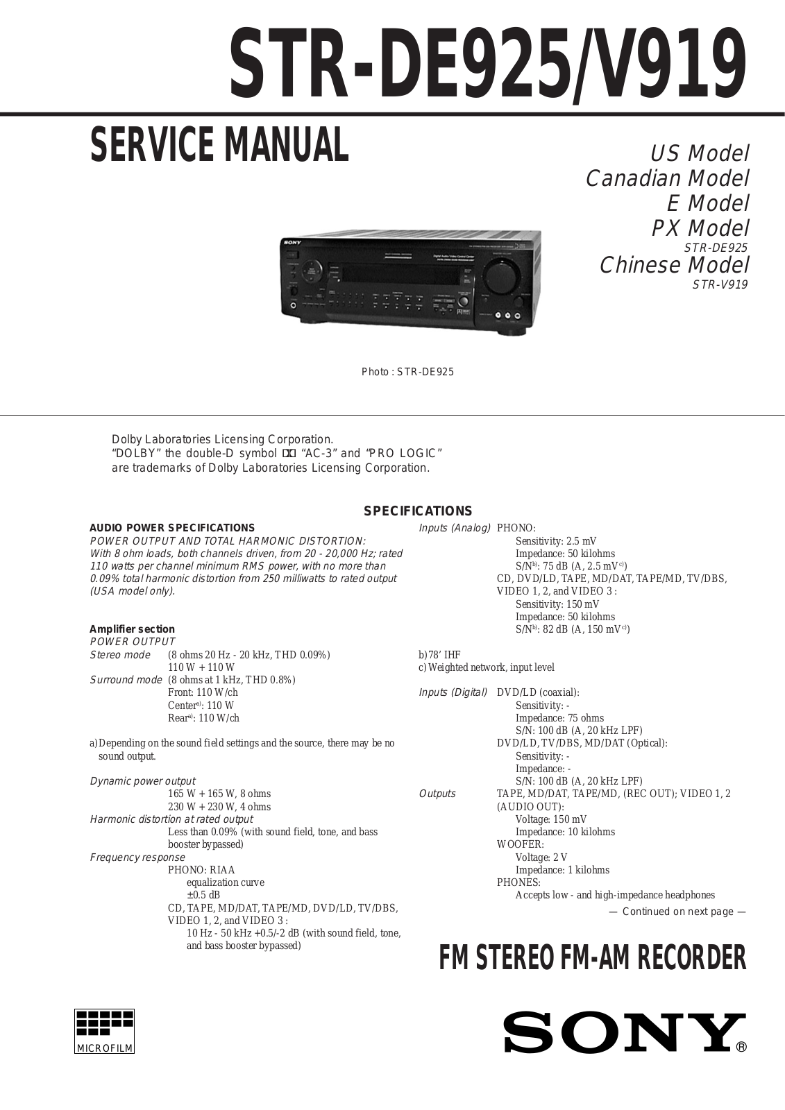 Sony STR-V919 Service Manual