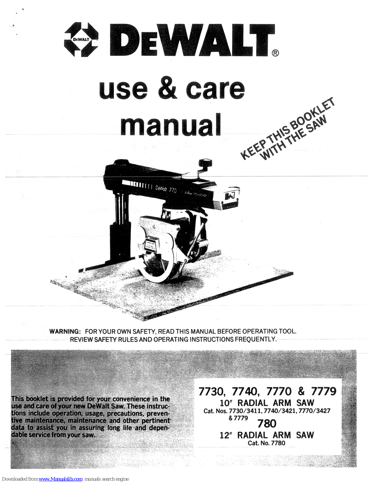 DeWalt 780, 7780 Use And Care Manual