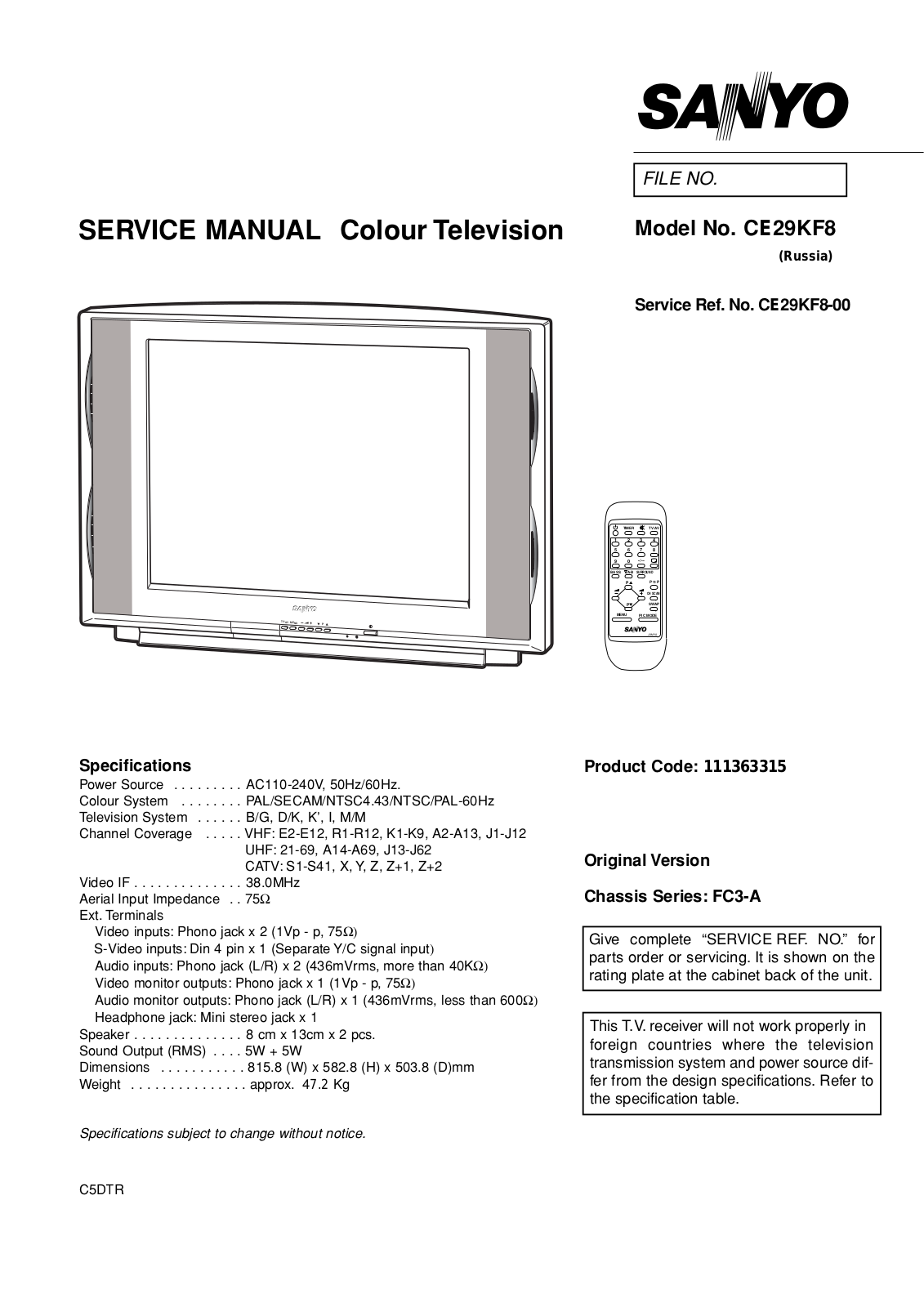 SANYO CE29KF8 Service Manual