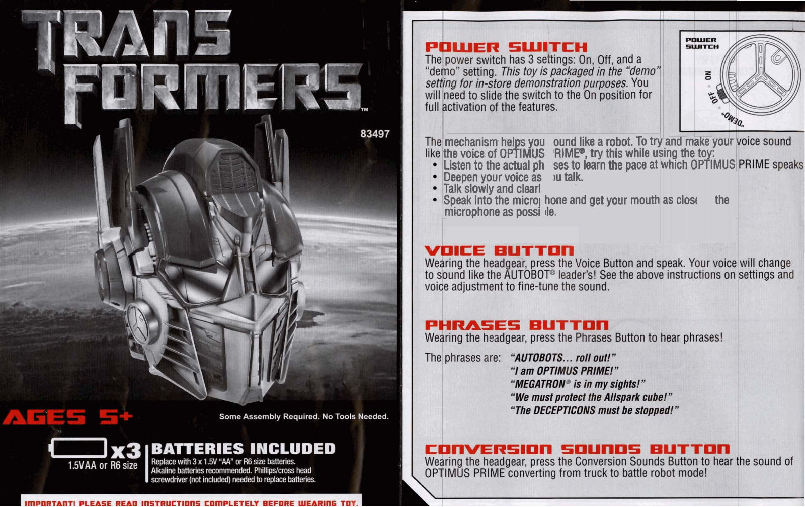 HASBRO Transformers Optimus Prime Voice Changing Helmet User Manual