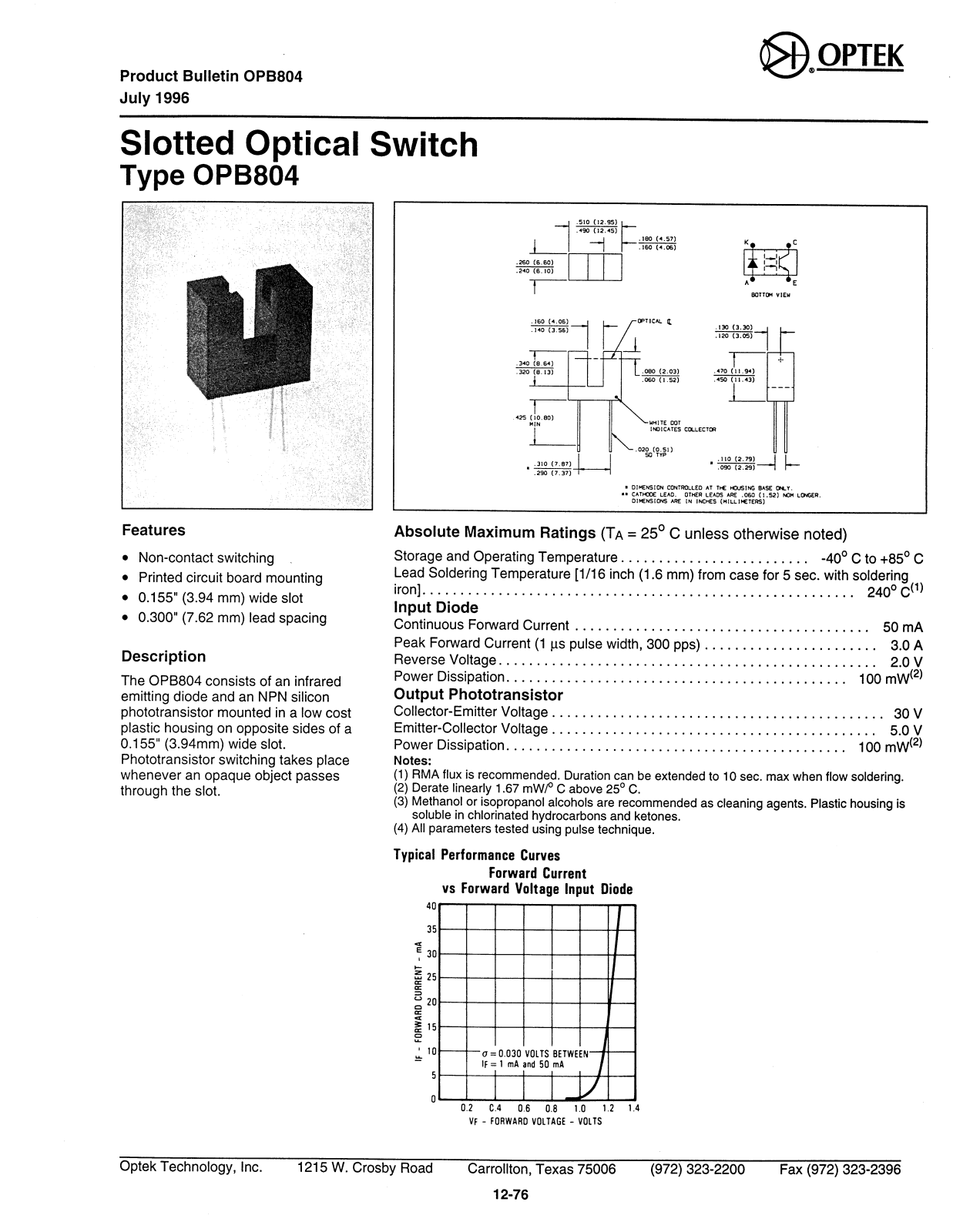 OPTEK OPB804 Datasheet