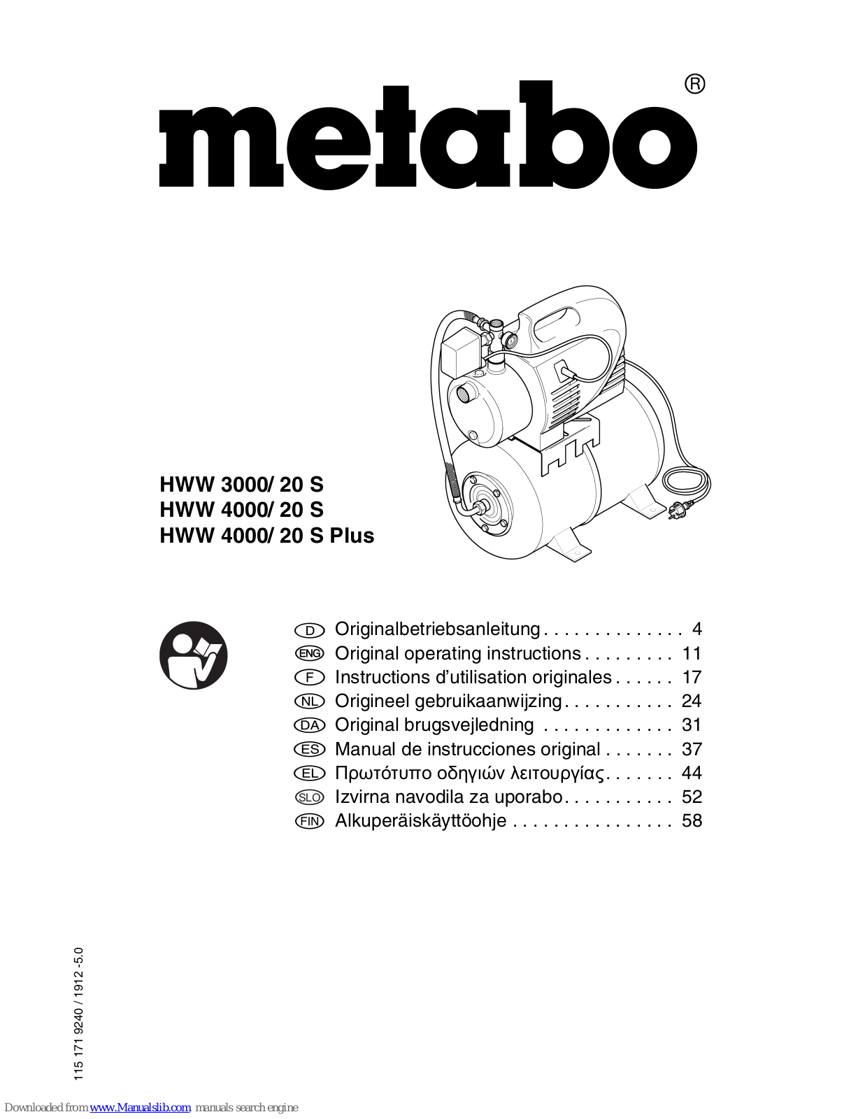 Metabo HWW 3000/ 20 S, HWW 4000/ 20 S, HWW 4000/ 20 S Plus Original Operating Instructions