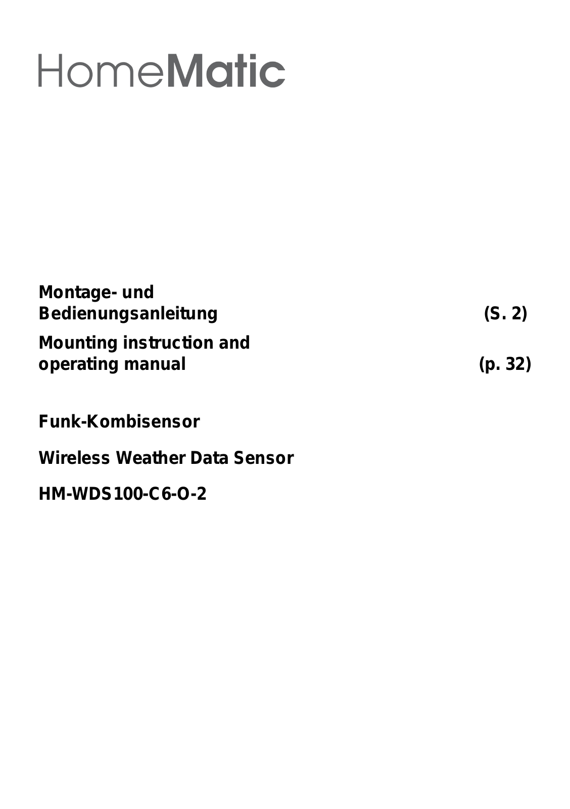 HomeMatic HM-WDS100-C6-O-2 Mounting Instruction And Operating Manual