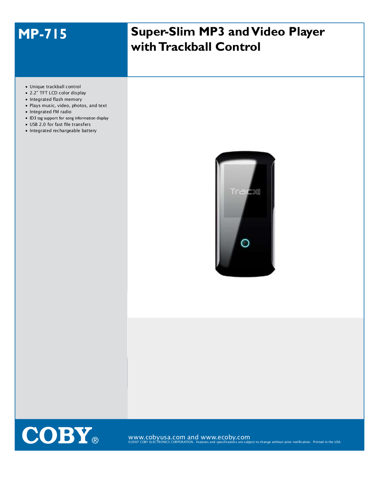 Coby MP-715 1GB, MP-715 4GB, MP-715 Specifications