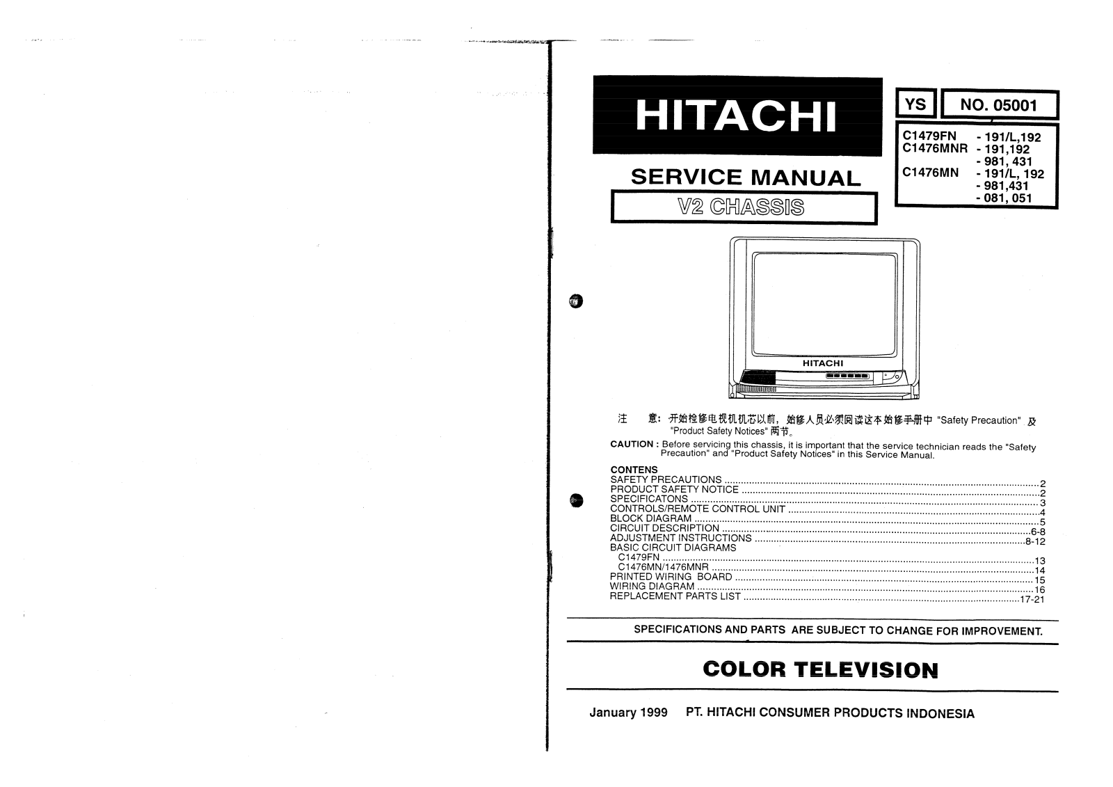 Hitachi C1479, C1476MNR, C1476MN Schematic