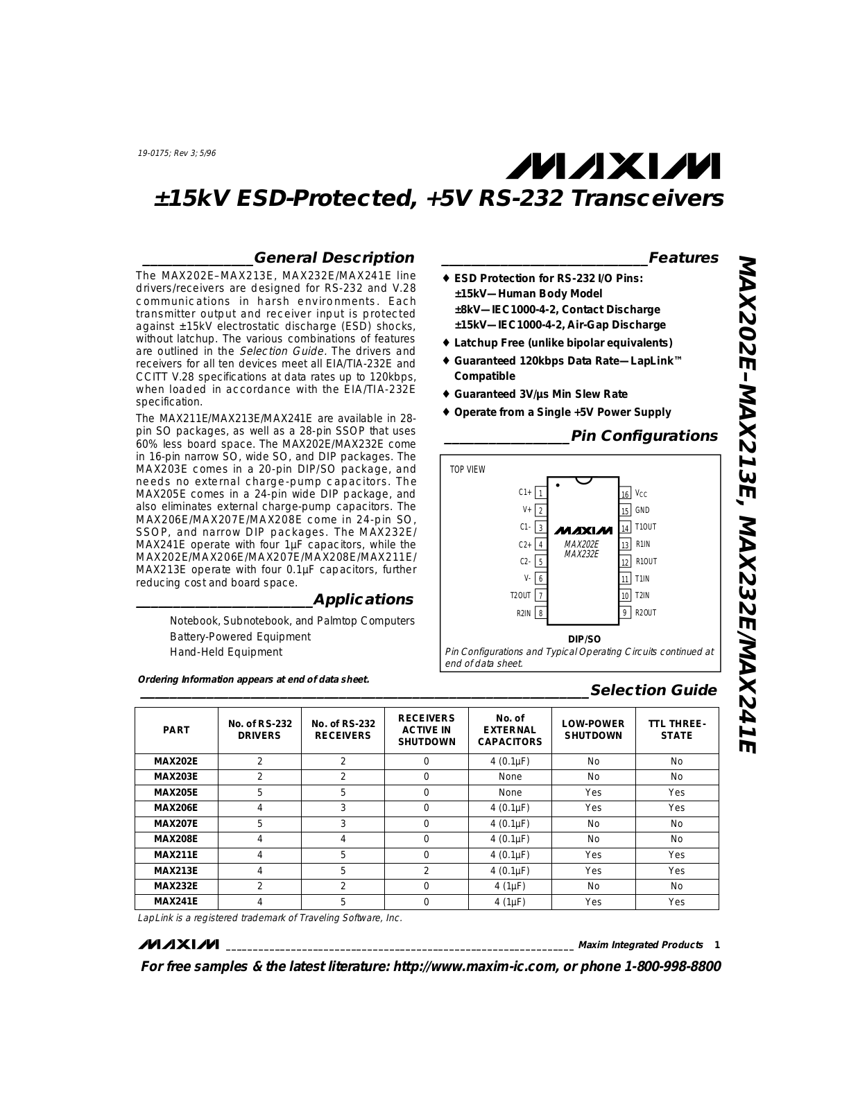 Maxim MAX241EEAI, MAX241ECWI, MAX241ECAI, MAX232EEWE, MAX232EESE Datasheet