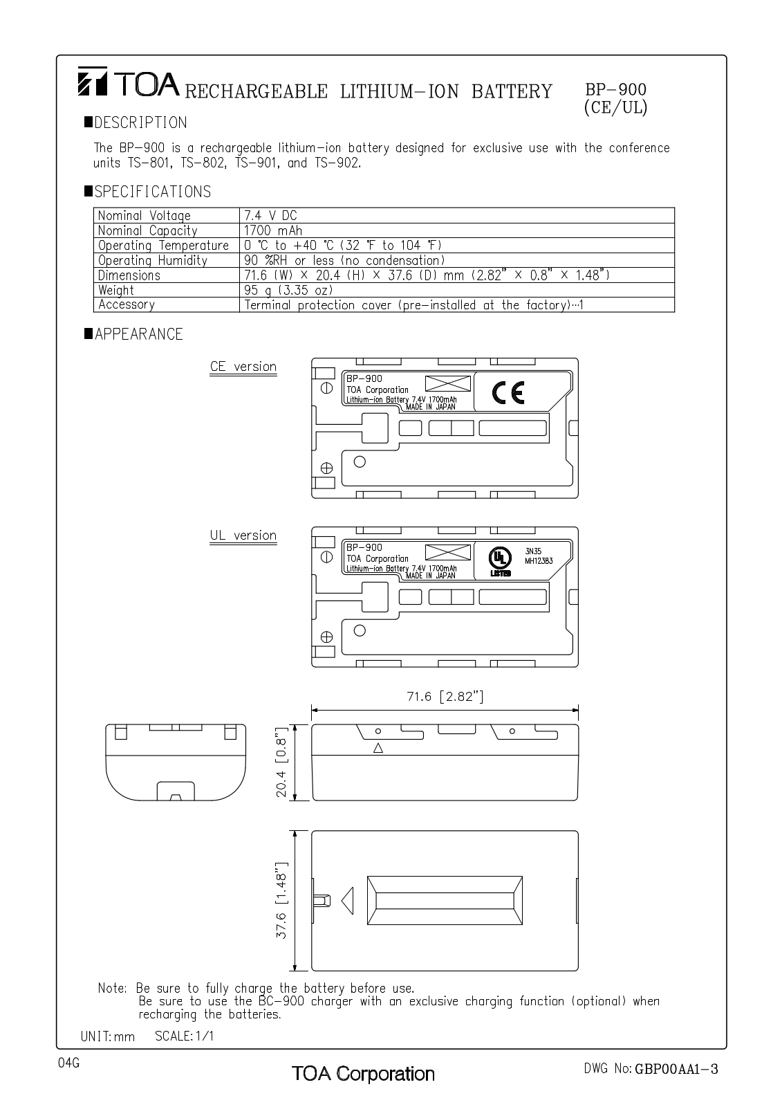 TOA BP-900 UL User Manual