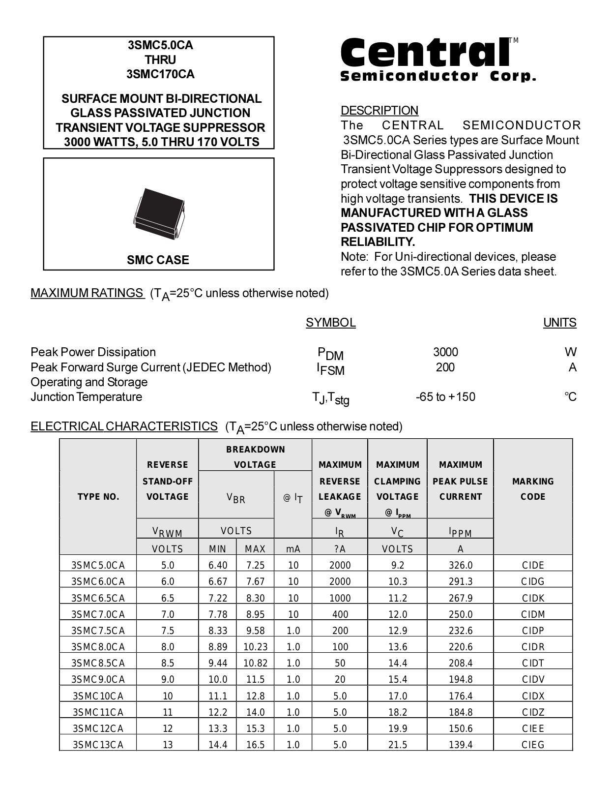 CENTR 3SMC90CA, 3SMC85CA, 3SMC8.0CA, 3SMC28CA, 3SMC26CA Datasheet