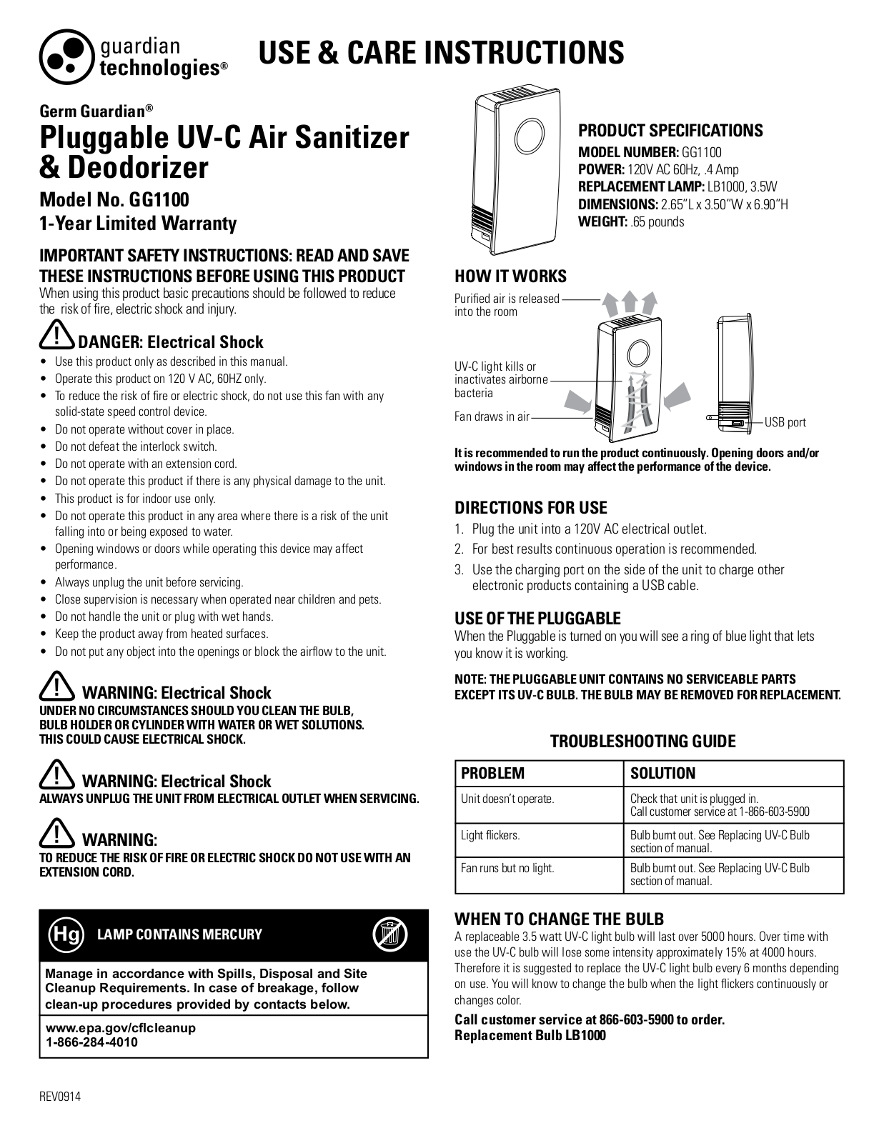 Guardian GG1100W, GG1100B User Manual