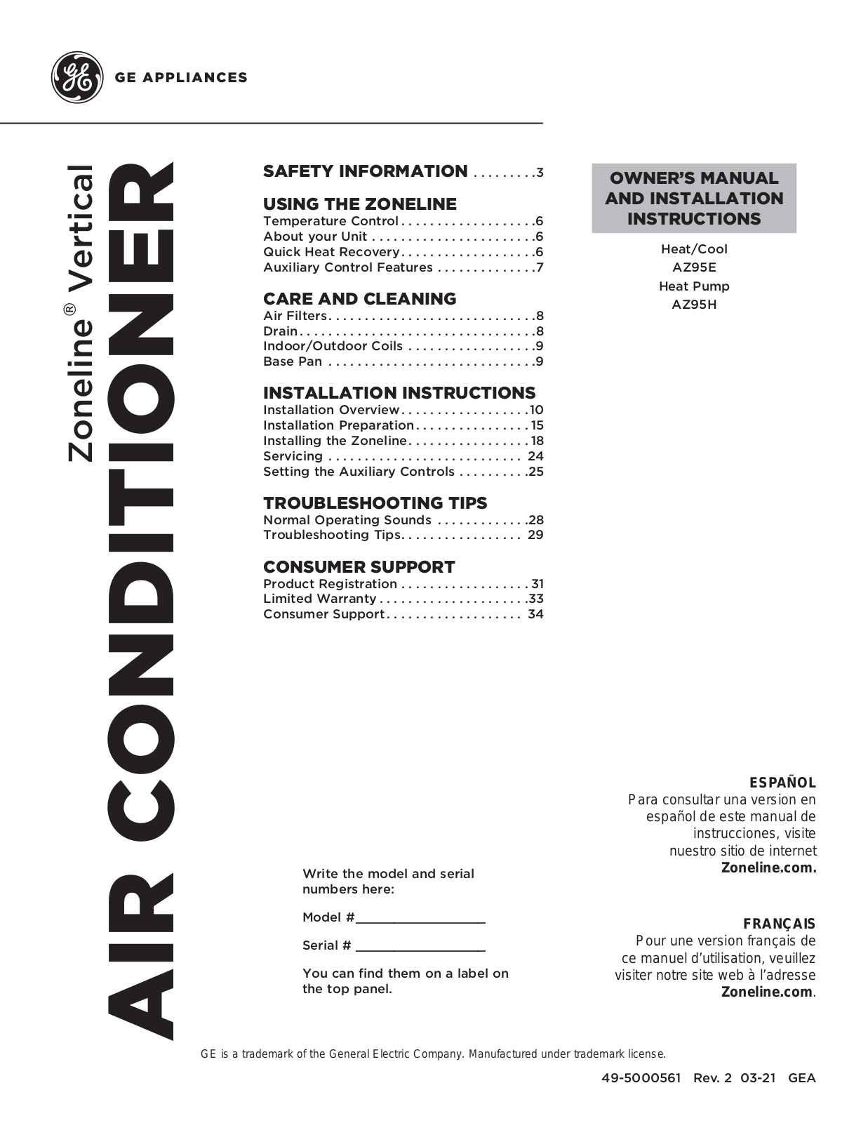 GE AZ95E, AZ95H Owner’s Manual & Installation Instructions