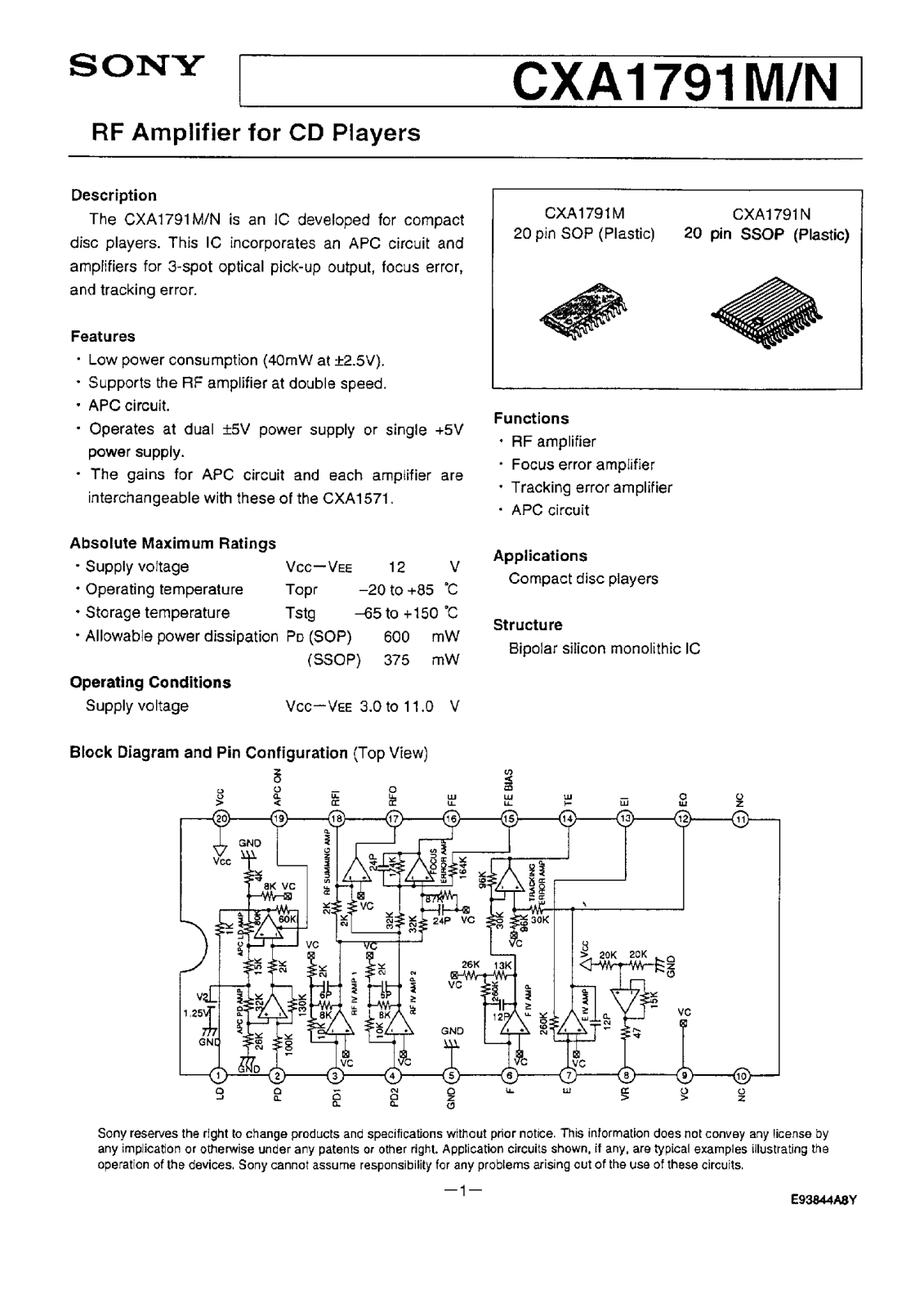 Sony CXA1791N, CXA1791M Datasheet