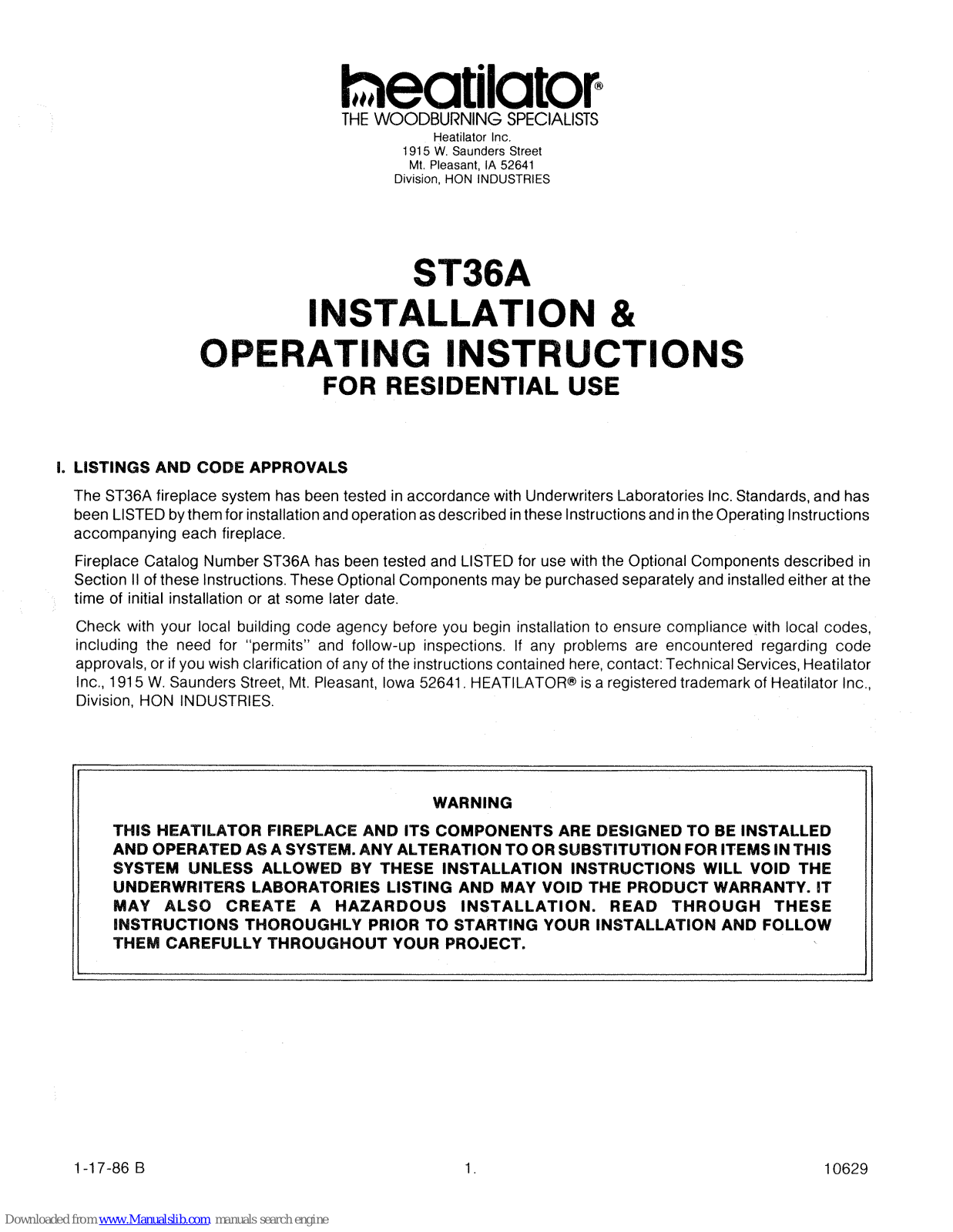 Heatilator ST36A Installation & Operating Instructions Manual