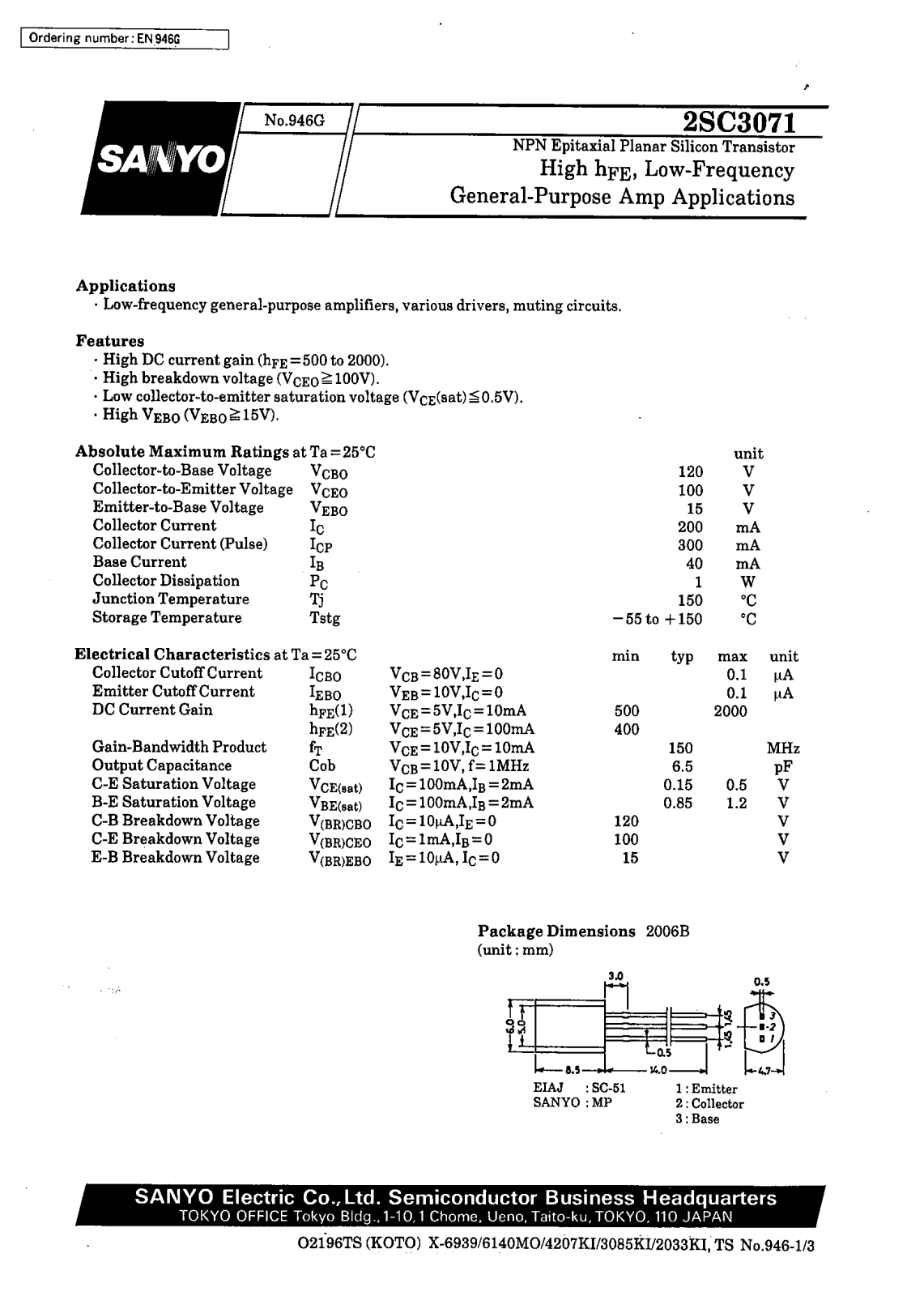 SANYO 2SC3071 Datasheet