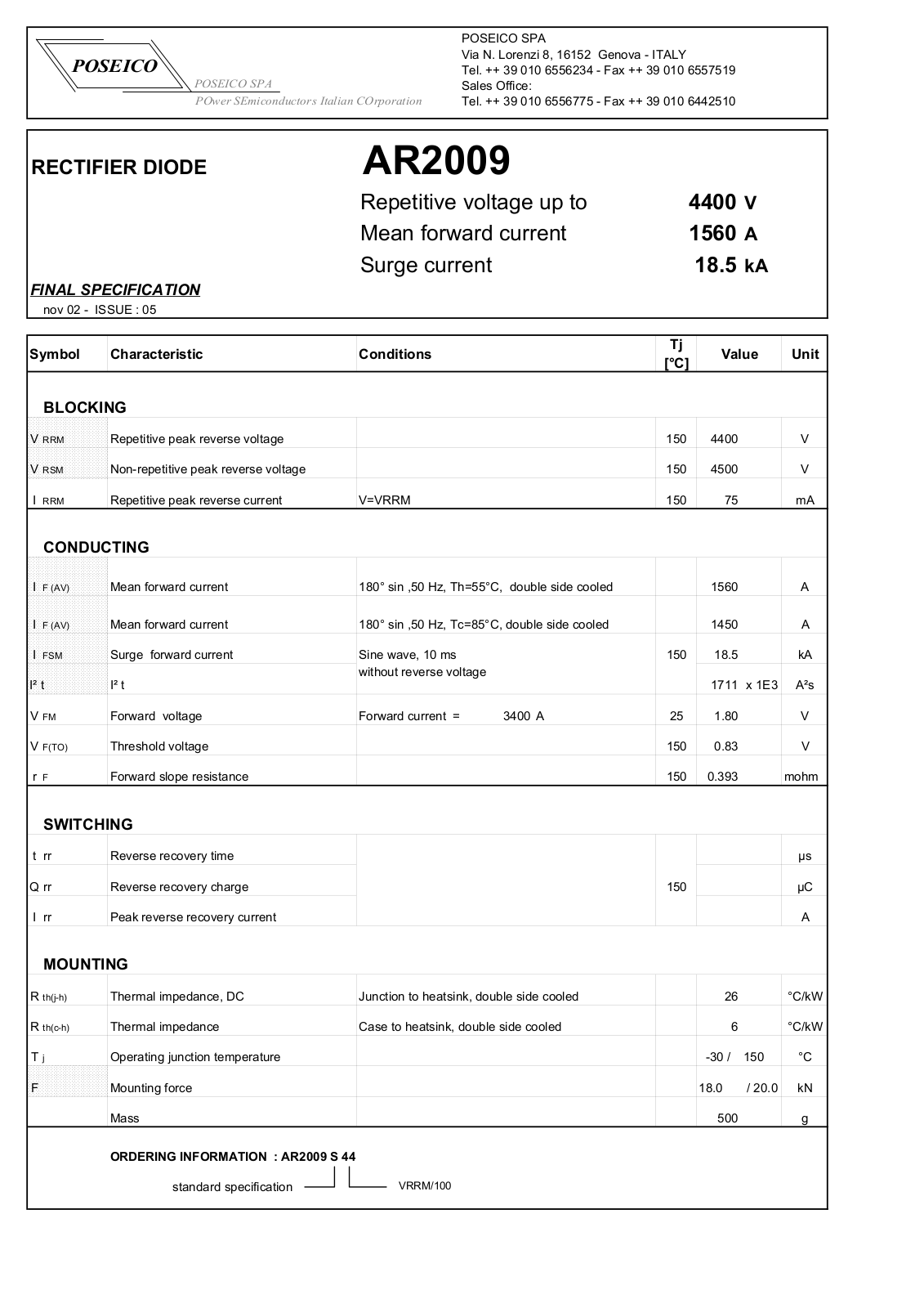 POSEICO AR2009S44 Datasheet