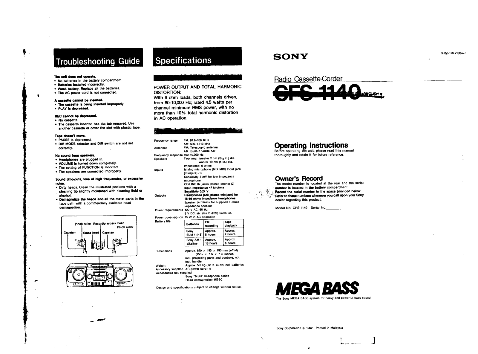 Sony CFS-1140 User Manual