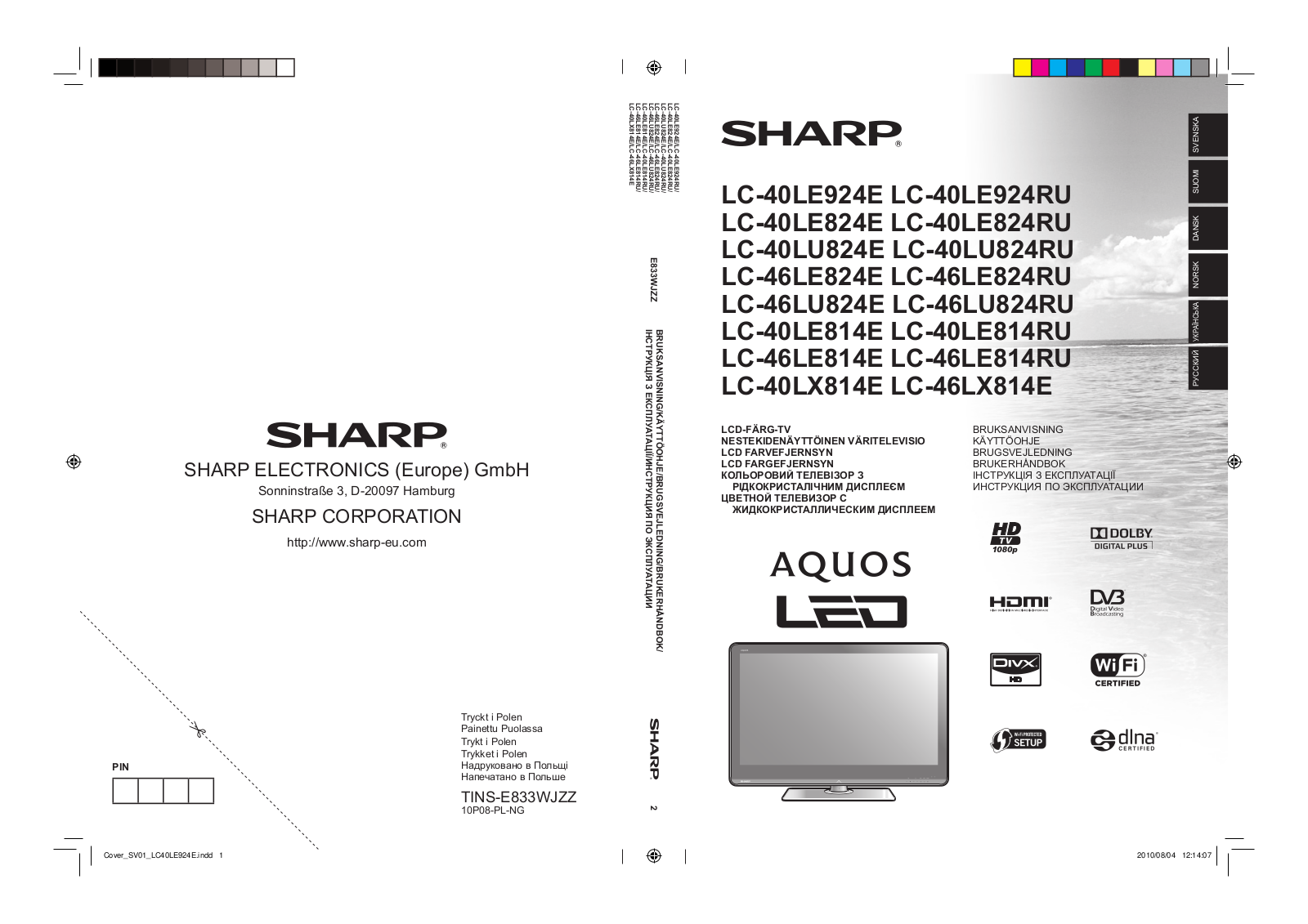 Sharp LC-40LE924E, LC-40LE924RU, LC-40LE824E, LC-40LE824RU, LC-40LU824E User Manual