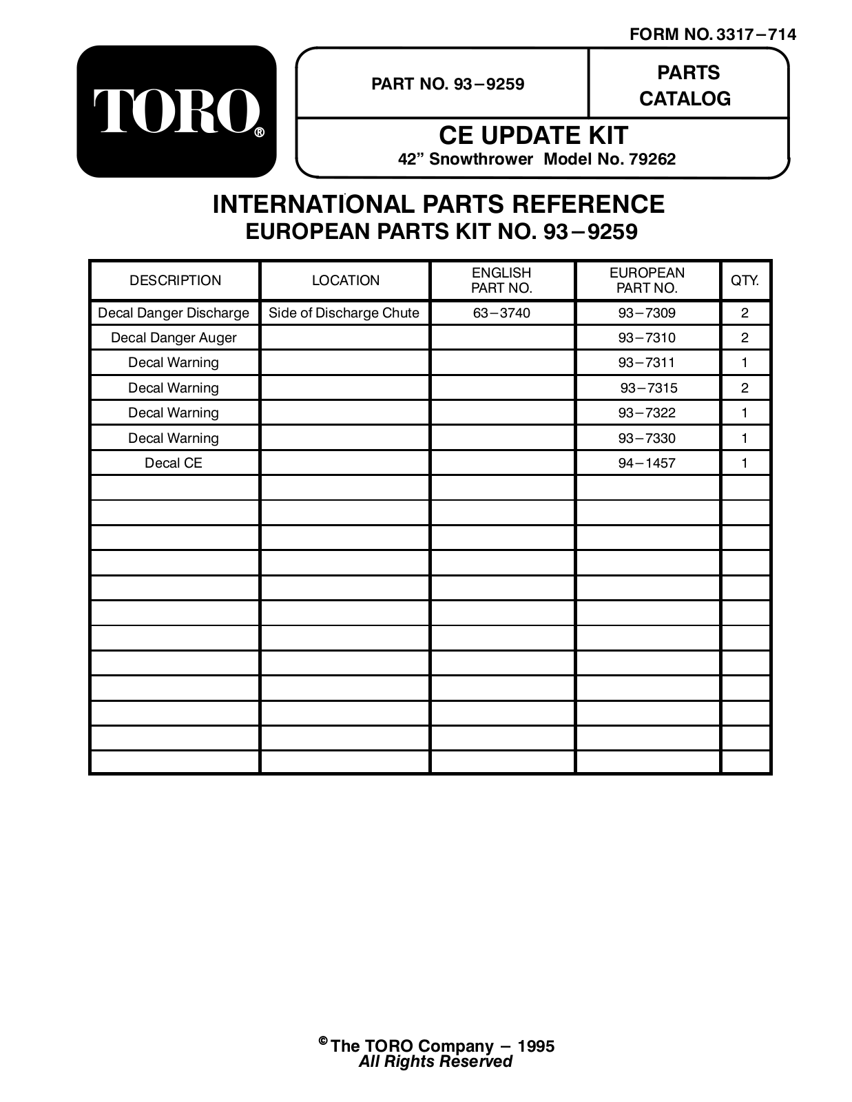 Toro 93-9259 Parts Catalogue