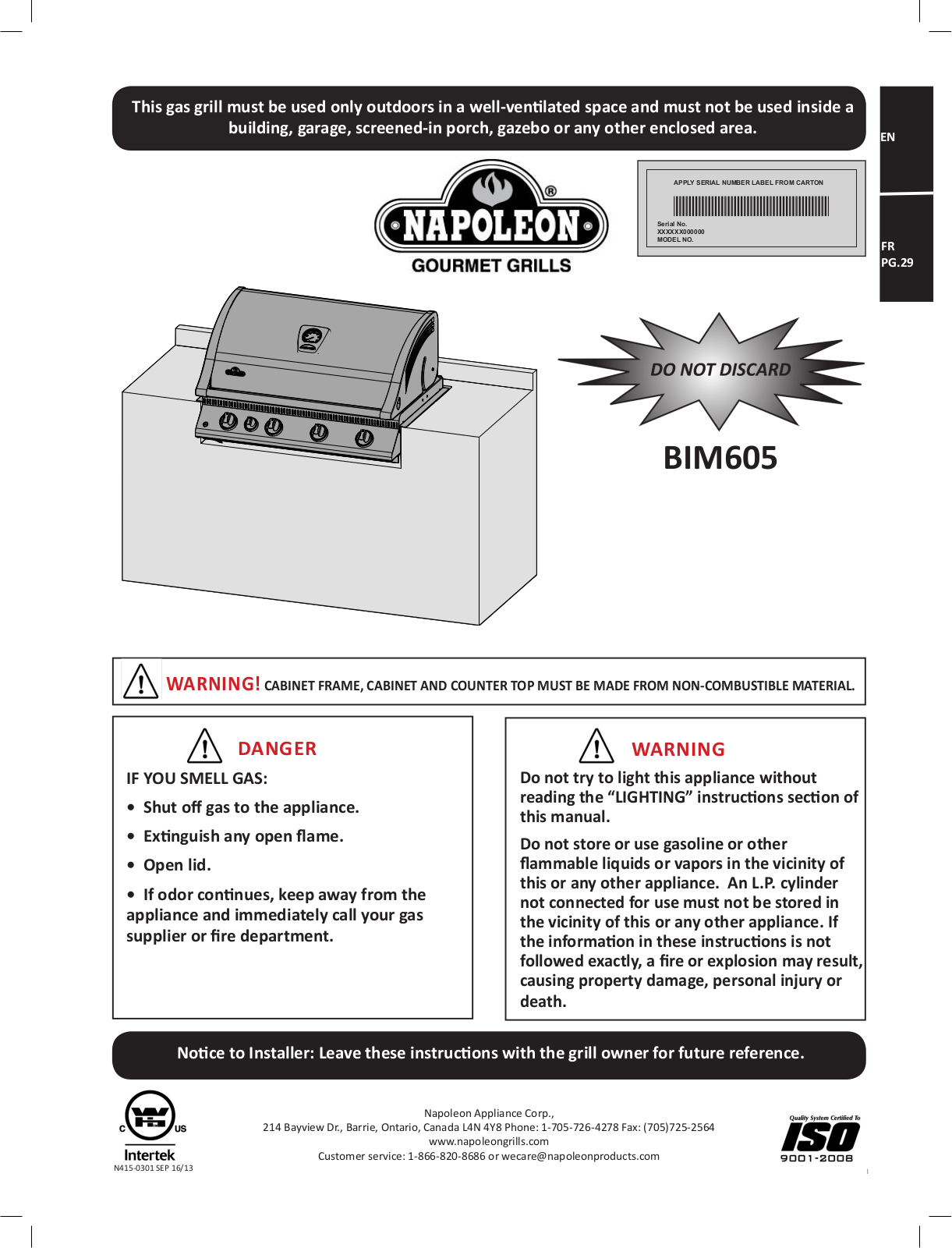 Napoleon Bim605, Bim605rbi-2, Bipro825 Owner's Manual