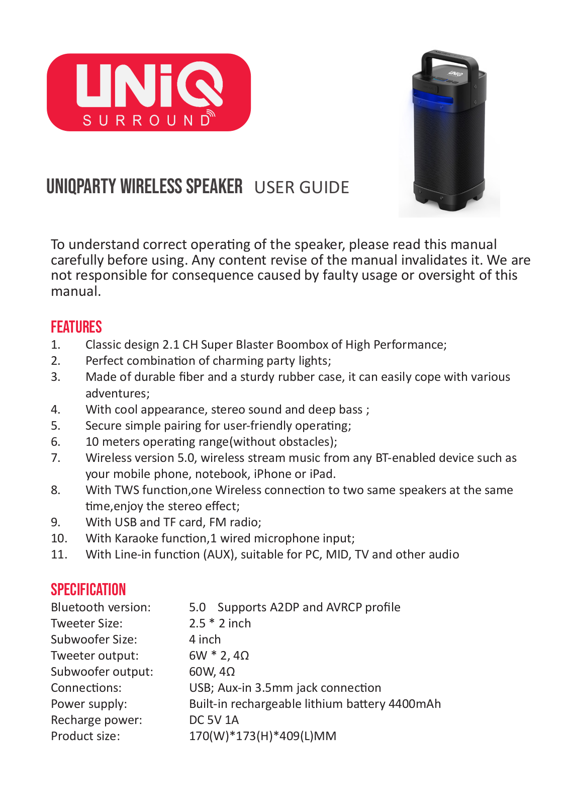 UNIQ Wireless Speaker User Manual