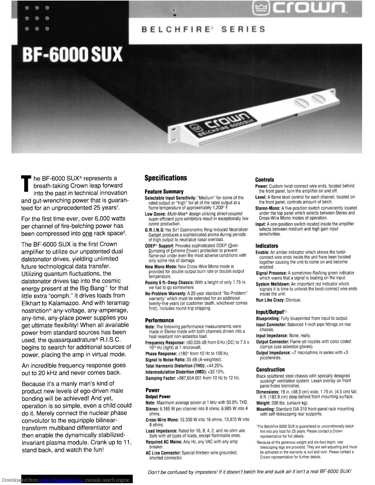 Crown Belchfire Series BF-6000 SUX, Belchfire BF-6000 SUX Specifications