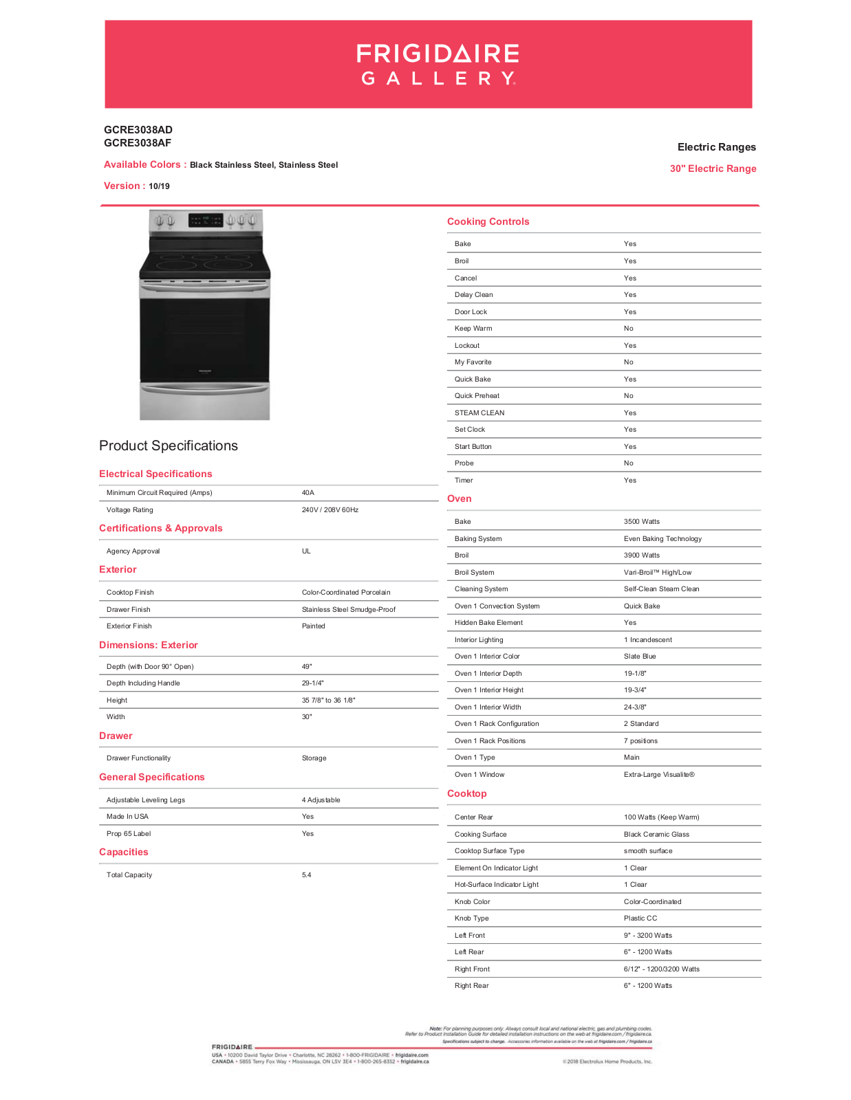 Frigidaire GCRE3038AF Specifications