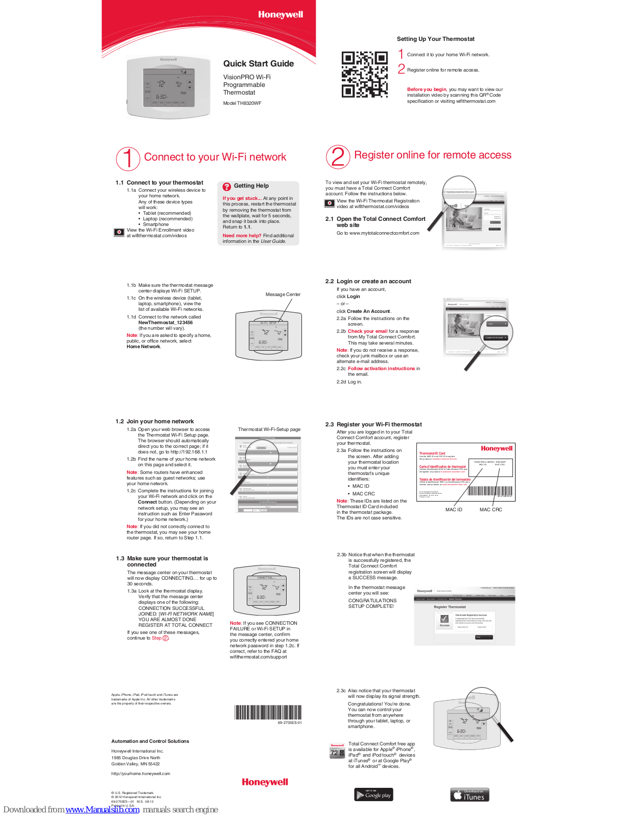 Honeywell TH8320WF, th8320wf1029, th8320wf1029u Quick Start Manual