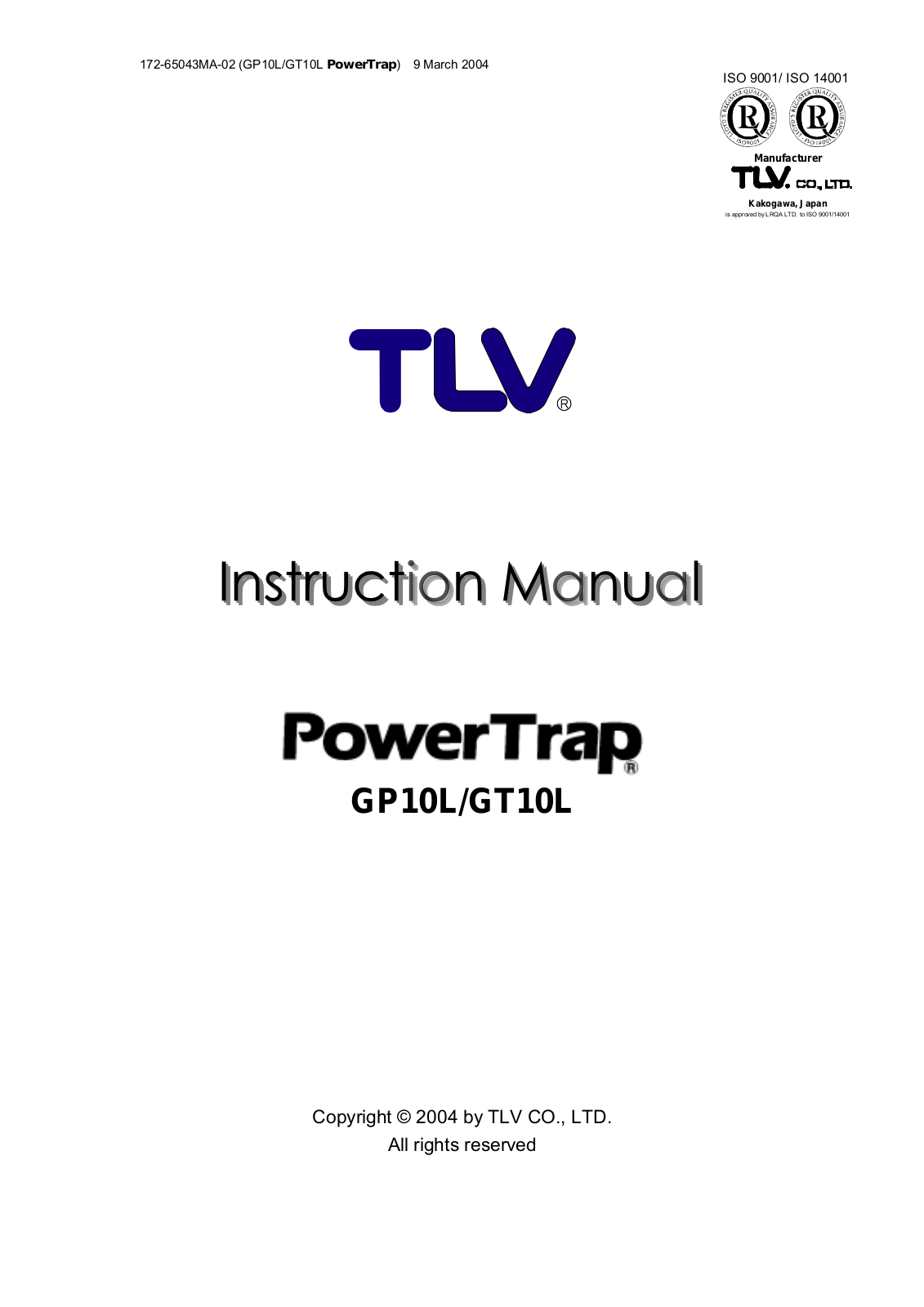 TLV PowerTrap GP10L, PowerTrap GT10L Instruction Manual