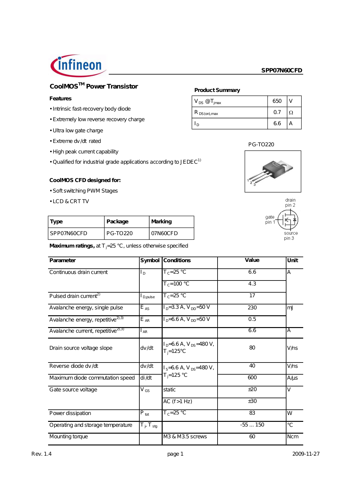 Datasheet spp07n60cfd_rev1.4 Datasheet - ManualMachine.com
