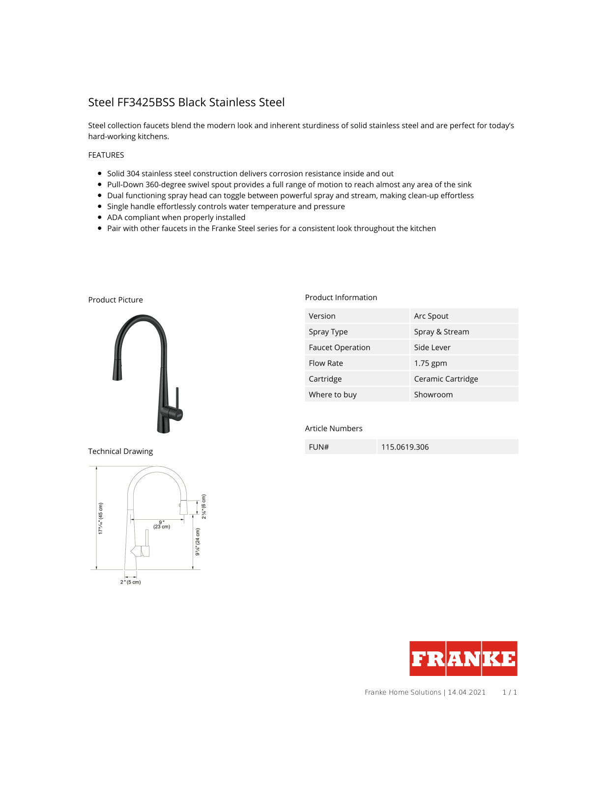 Franke FF3425BSS Specification Sheet