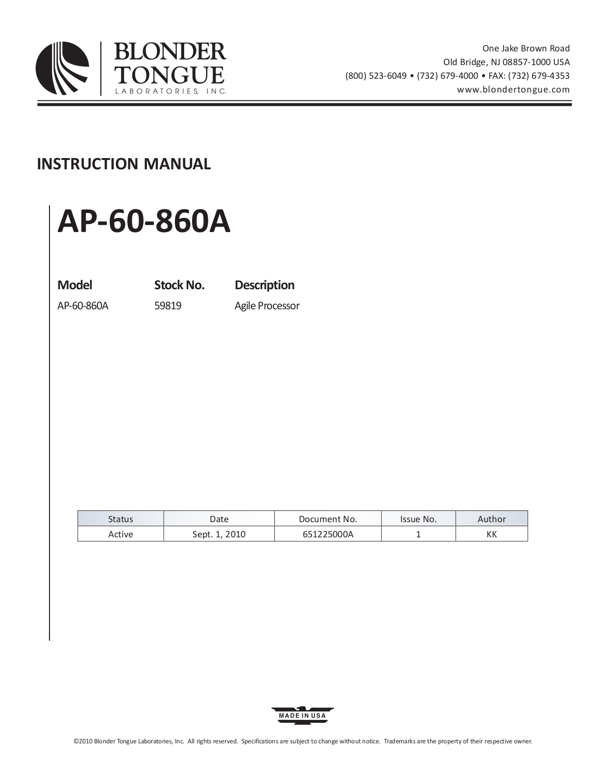 Blonder tongue AP-60-860A User Manual