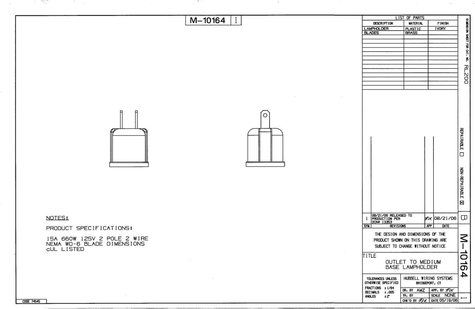 Hubbell RL200 Reference Drawing