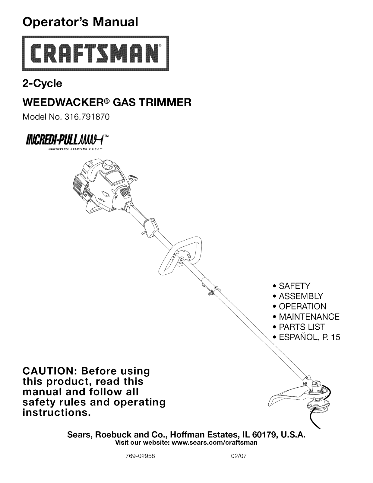 Craftsman 316791870 Owner’s Manual