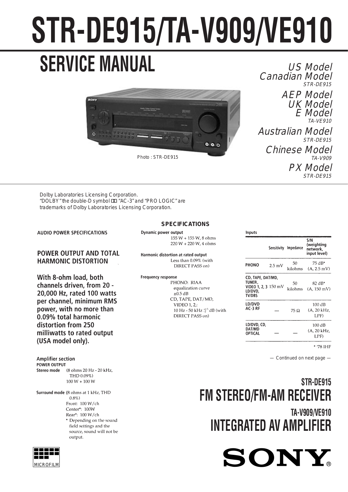 Sony STR-DE915, STR-TA-V909, STR-VE910 Service Manual