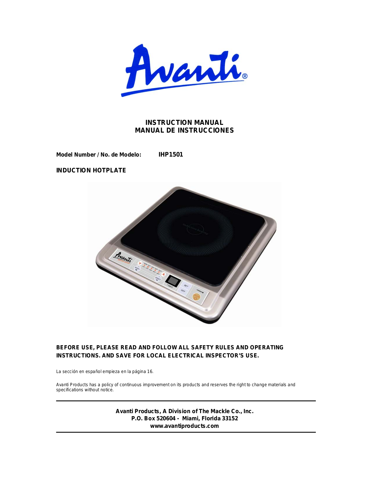 Avanti IHP1501 User Manual