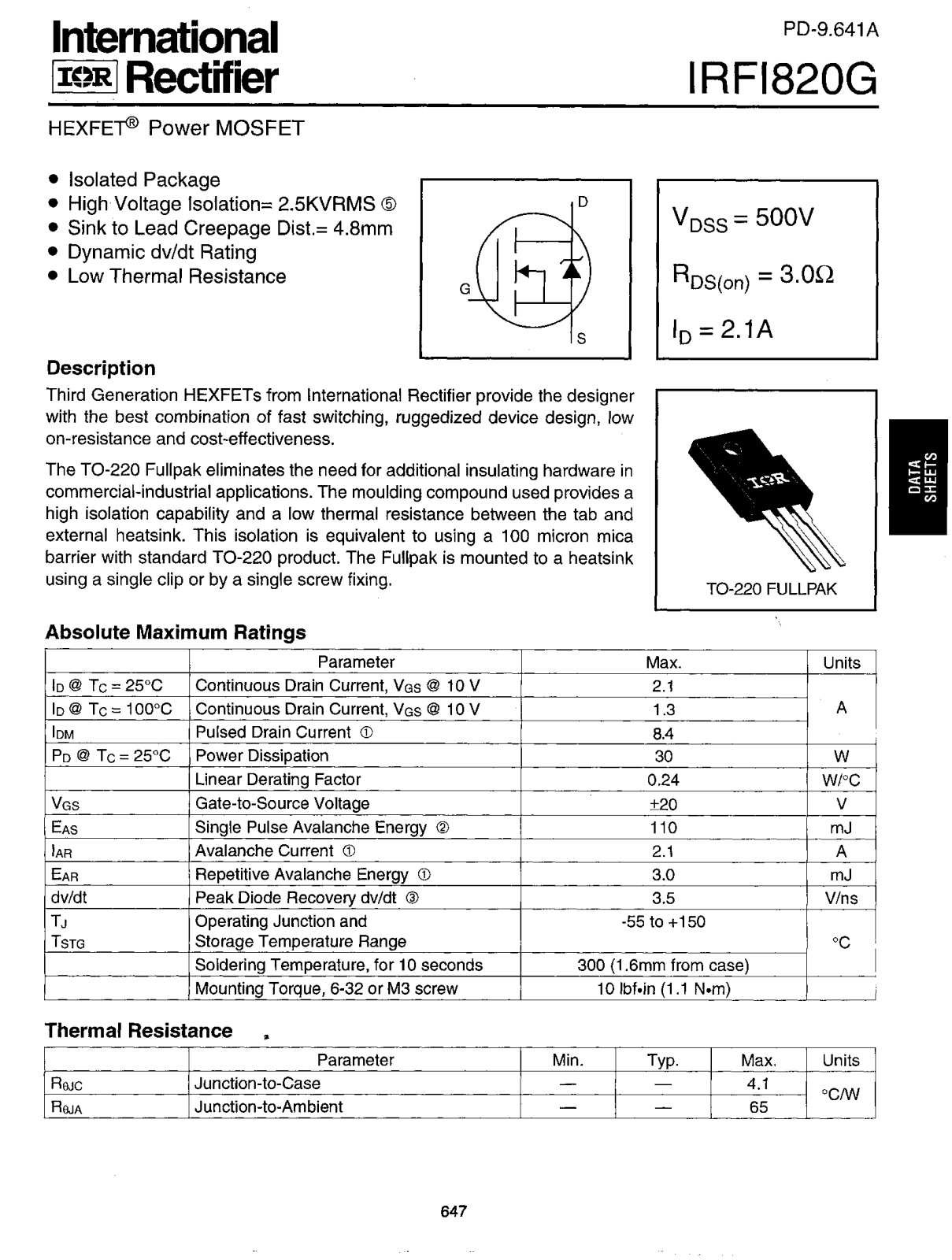 International Rectifier IRFI820G Datasheet