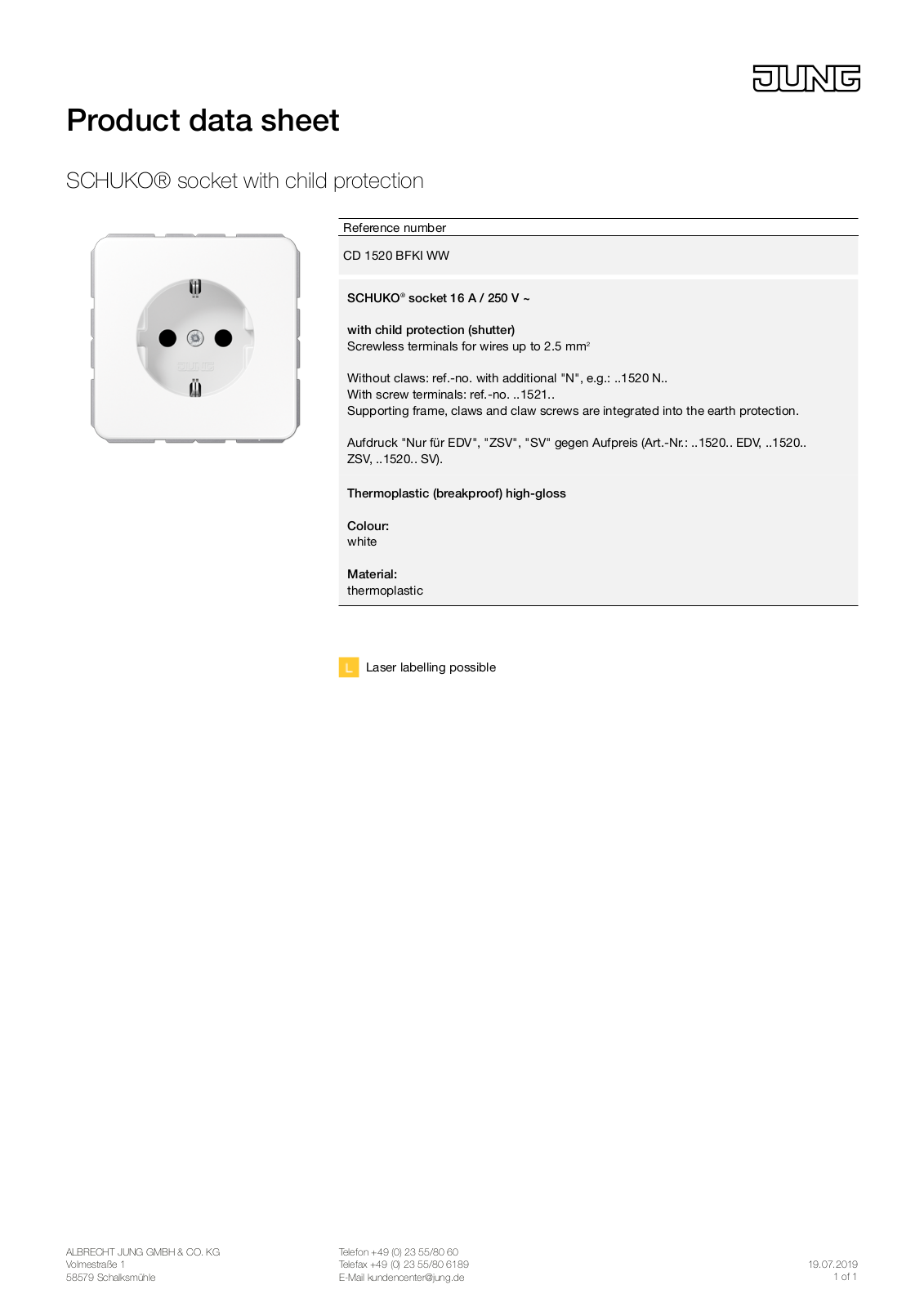 Jung CD 1520 BFKI WW Technical data