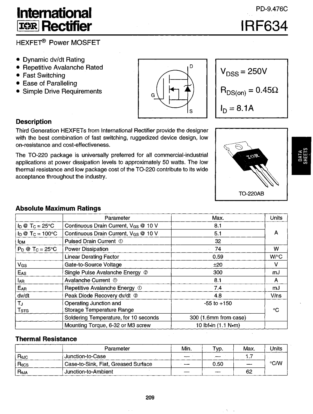 International Rectifier IRF634 Datasheet