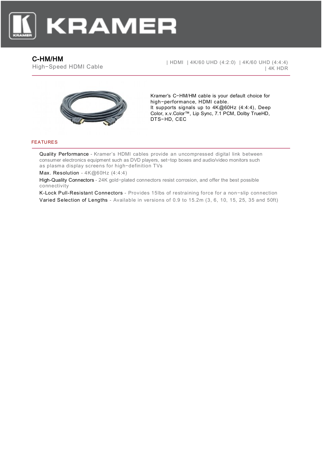 Kramer C-HM/HM-3-FC Datasheet