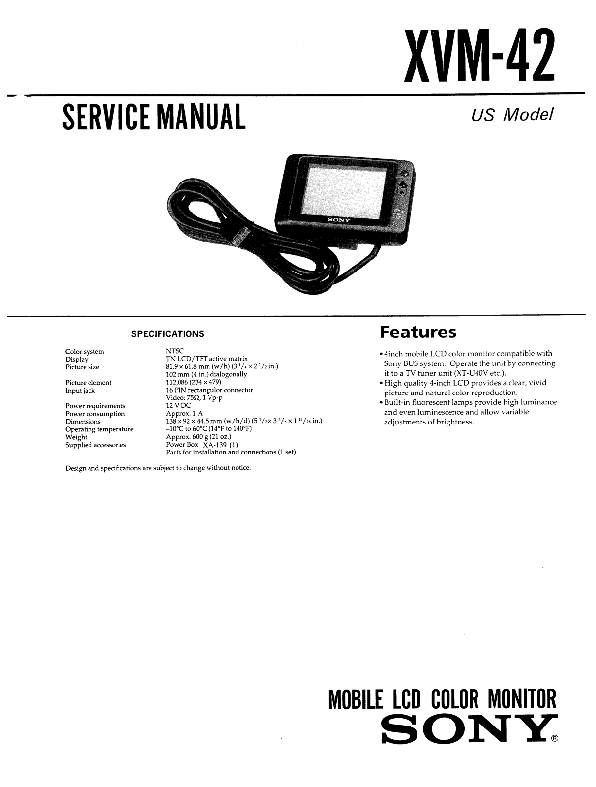 Sony XVM-42 Service manual