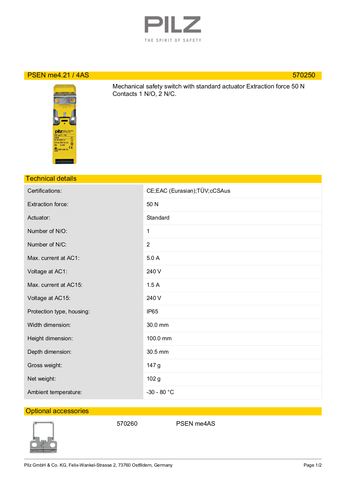 Pilz 570250 Data Sheet