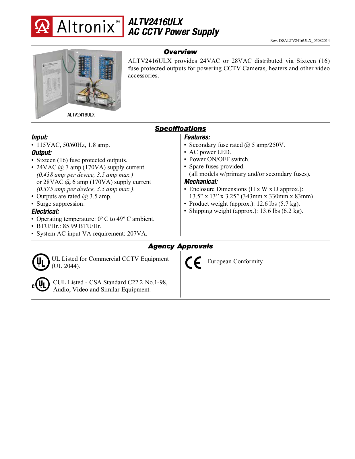 Altronix ALTV2416ULX Specsheet