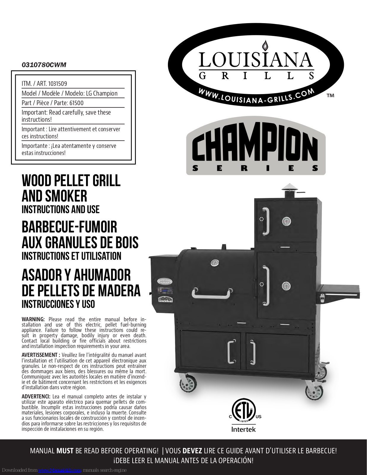 Louisiana Grills LG Champion 61500, LG Champion 62150 Instructions And User Manual