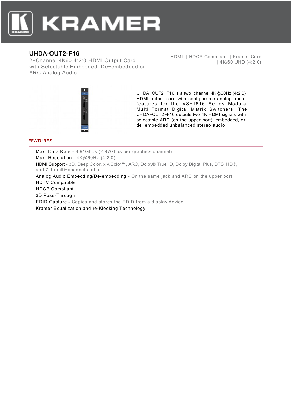 Kramer UHDA-OUT2-F16 Datasheet