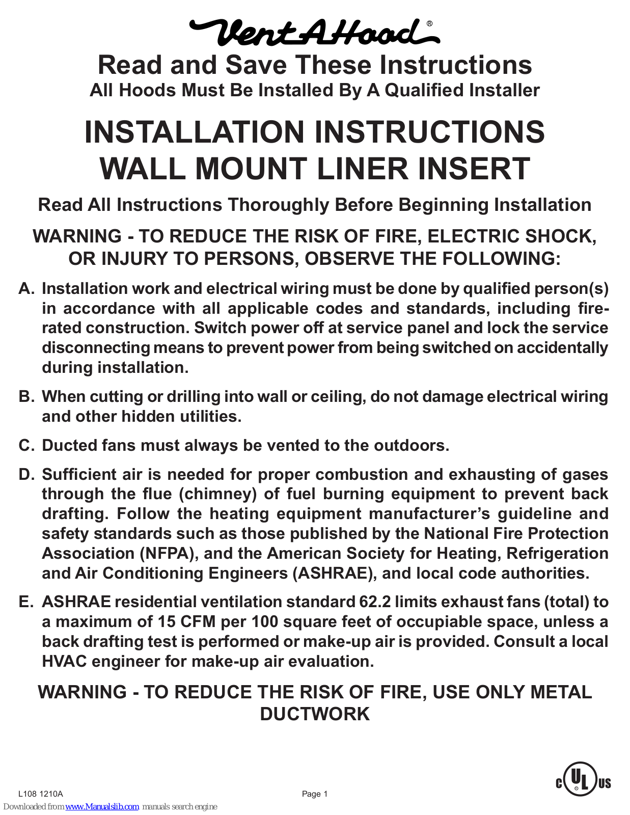 Vent-a-Hood B200, Two B200 Duals, B200s Installation Instructions Manual