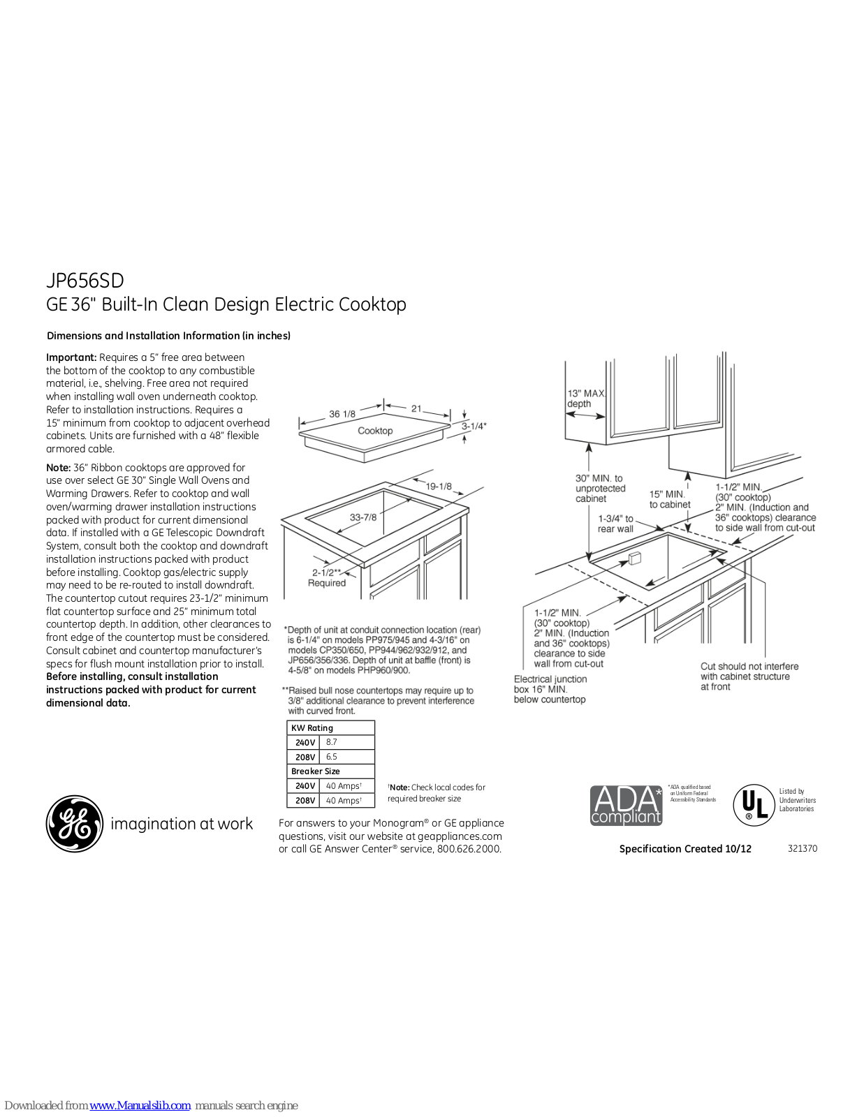 GE JP656SD, PP975, PP945, CP350, CP650 Dimensions And Installation Information