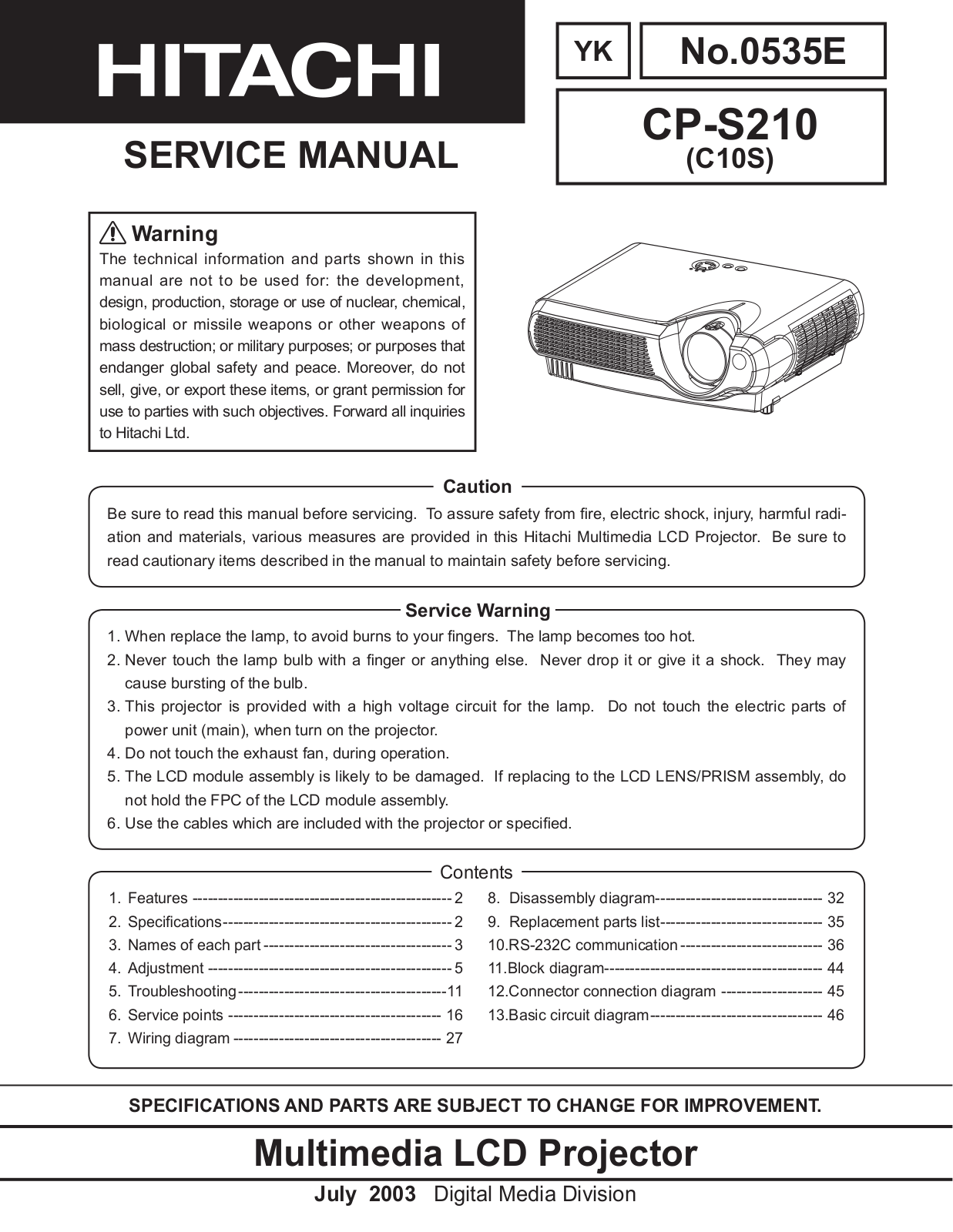 Hitachi CP-S210 Service Manual