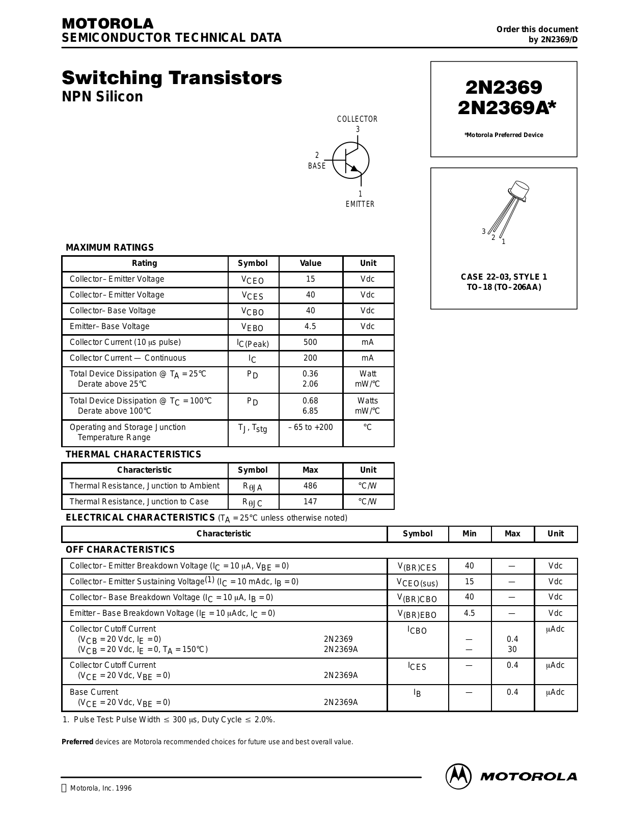 Motorola 2N2369A, 2N2369 Datasheet