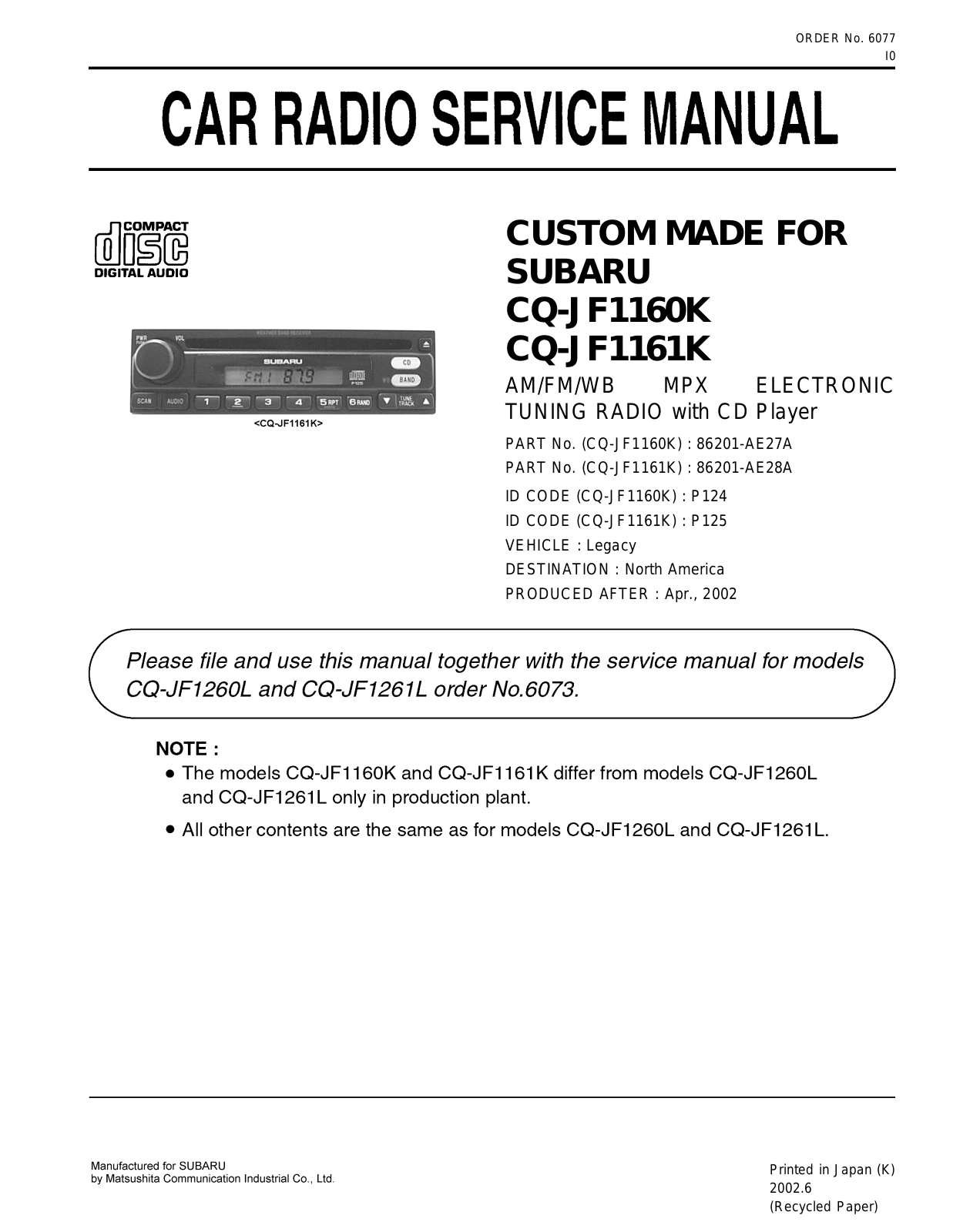 SUBARU CQ-JF1160, CQ-JF1161 Service Manual